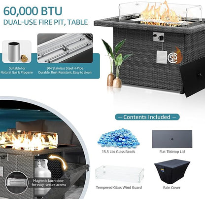 NICESOUL 18 Piece Outdoor Sectional with Fire Pit Table, Luxury Huge Patio Furniture with Fire Pit Table & Chaise Lounge, 14-Seater Wide Deep Seated Sofa for Deck, Poolside Gray & Turquoise
