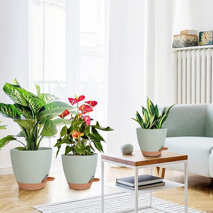 Planters for Indoor Plants, 8/7/6.5/6/5.5/5 Inch Self Watering Planters with Drainage Hole, Plastic Planters Flower Pots for Indoor Outdoor Plants (Green)