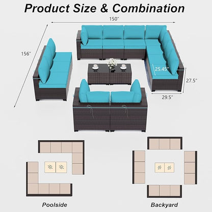 ALAULM Patio Furniture Set with Coffee Table, 14 Pieces Outdoor Sectional with Wide Seat and Thick Cushion, All Weather Wicker Rattan Conversation Set for Backyard, Garden, Deck, Turquoise