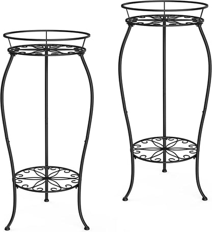FaithLand 2 Pack Metal Plant Stands, Tall Planter Holder Indoor Outdoor, 2 Tier Round Potted Supports Rack, Corner Display Shelf Black