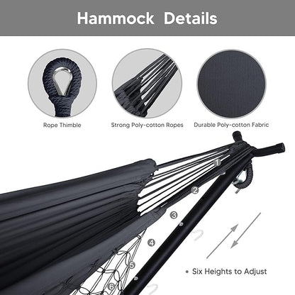 SUNCREAT 2-in-1 Hammocks Convertible Portable Double Hammock with Stand Included, Outdoor Hammock and Stand, Patented, Dark Grey with Tassel