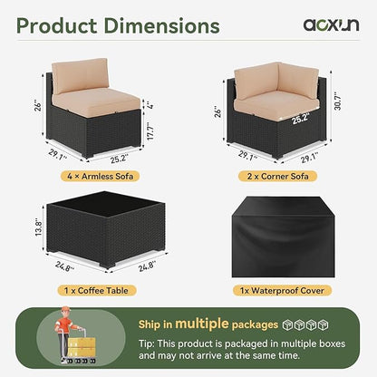 Aoxun 7 Piece Patio Furniture Set, Wicker Rattan Patio Sectional Sofa, Outdoor Furniture Set with Thickened Cushion, Beige