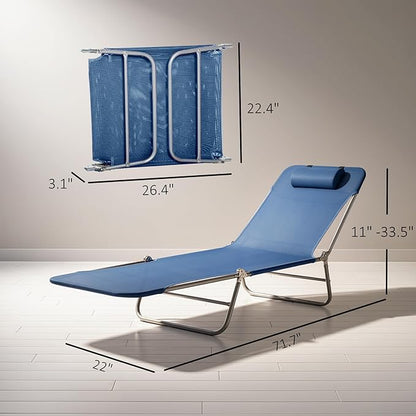Outsunny Folding Chaise Lounge Chair, Pool Sun Tanning Chair, Outdoor Lounge Chair with Reclining Back, Breathable Mesh Seat, Headrest for Beach, Yard, Patio, Dark Blue