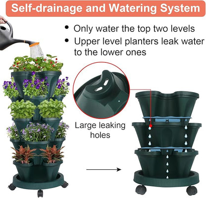 GameXcel Vertical Planter 5 Tier Stackable Planters Garden Planters Strawberry Herb Flower and Vegetable Planter Indoor Outdoor Gardening Pots with Removable Wheels and Tools