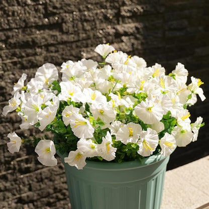 Artificial Flowers for Outdoors, UV Resistant Fake Silk Morning Glory, Realistic Faux Plants for Outside Porch Patio Window Box Hanging Planter (16, White)