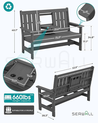 SERWALL Outdoor Bench with Cup Holder, 58" HDPE Garden Park Bench Suitable for 3 Person, All Weather Patio Benches with High Backrest and Wide Armrests for Garden, Park, Yard, Front Porch, Grey
