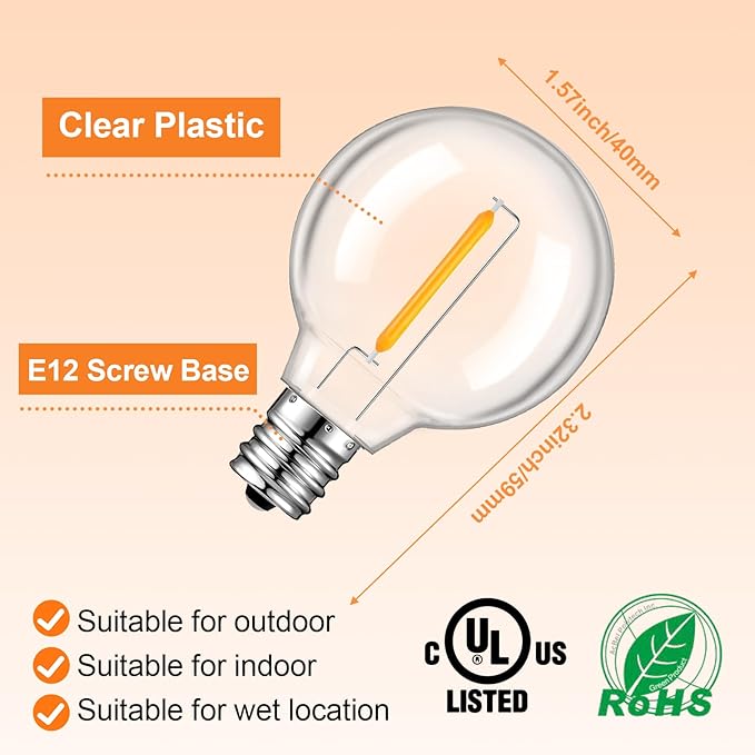 LED G40 Replacement Bulbs, E12 Base, 50 Pack, Clear Globe