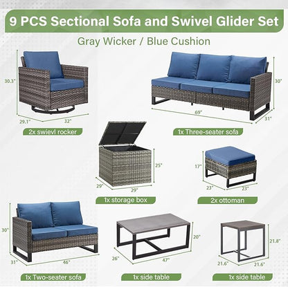 Belord Patio Conversation Set with Swivel Glider Chairs - 9 Piece Outdoor Sectional Furniture Set with Storage Box and Metal Top Table Gray Wicker/Blue Cushions