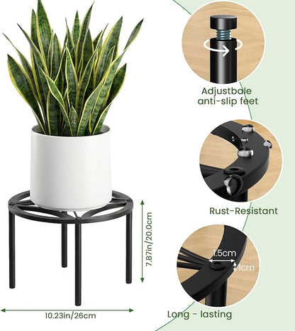 TOSKING Heavy Duty Metal Plant Stand for Indoor Outdoor, 10.2" Rustproof Wrought Iron Potted Plant Holder with 4 Adjustable Feet, Modern Geometric Pattern Round Rack for Drink Dispenser, Black