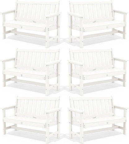 SERWALL Outdoor Bench, HDPE Outdoor Benches Weatherproof, 2-Person Garden Bench with 660 lbs Weight Capacity, Patio Benches for Outdoors, Garden, Porch, Backyard and Park, White, 6 Pack