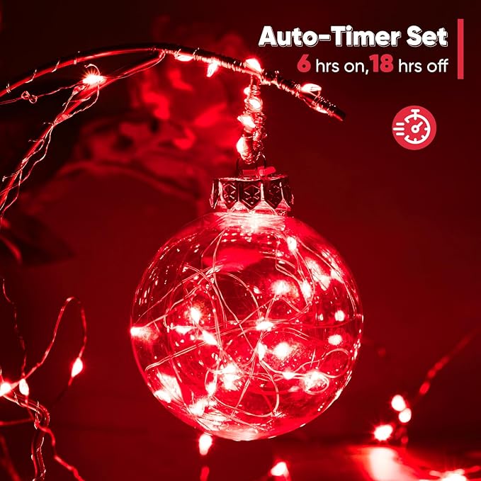 String Lights, Battery Operated, 4 Pack 65.6 Ft Red LED