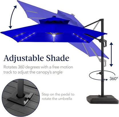 Best Choice Products 9x12ft LED Cantilever Patio Umbrella w/Base Included & 360° Rotation, Large Solar Offset Hanging Outdoor Sun Shade for Deck, Backyard Table w/Stand & Lights – Resort Blue