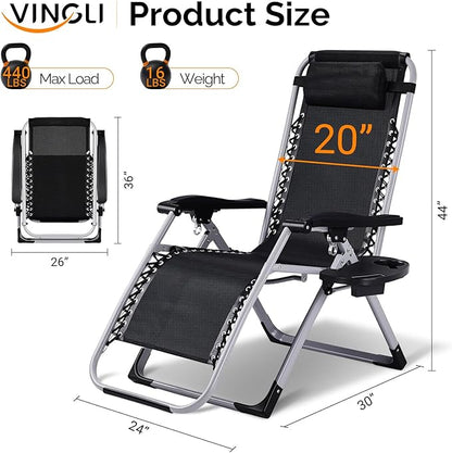 VINGLI Padded Zero Gravity Chair, Lounge Chair with Removable Cushion & Tray， Folding Reclining Patio Chairs， Recliner Chair for Lawn，Indoor Outdoor-Black