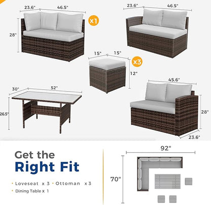 Wisteria Lane 7 Piece Patio Furniture Set, Wicker Patio Sectional with Wide Armrest, All Weather Outdoor Dining Set, Outdoor Furniture Patio Conversation Set with Ottoman, Grey