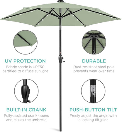 Best Choice Products 7.5ft Outdoor Solar Market Table Patio Umbrella for Deck, Pool w/Tilt, Crank, LED Lights - Sage Green