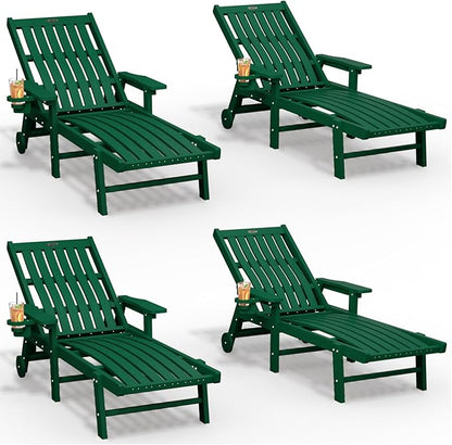 Patio Chaise Lounge Chair Set of 4, Oversized Lounge Chair Outdoor with 5 Positions, HDPE, Patio Lounge Chair with Wheels & Cup Holder for Pool, Deck, Poolside,Green