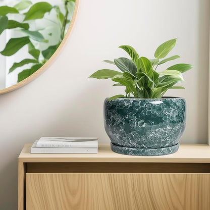 SQOWL 10 Inch Plant Pot - Ceramic Planter for Indoor Plants Outdoor, Large Ceramic Flower Pot with Drainage Hole and Saucer, Decorative Round Planter, Living Room Decor, Gifts for Women Men, Green