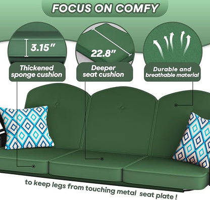 3 Seat Outdoor Porch Patio Swing with Stand 800lbs 2-in-1 Convertible Swing Bed with Adjustable Canopy & Removable Cushion for Yard Garden Deck (Green, Round Tube)