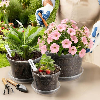 12 Pack 10/8/6 Inch Clear Nursery Pots with Saucer, Plant Label, Gardening Gloves, Transparent Sturdy Plastic Plant Pots with Drainage Hole, Plant Starter Pots for Planting Seedling Herb Vegetable
