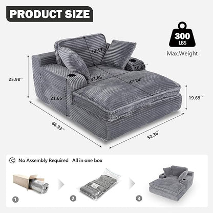 67" Oversized Chaise Lounge Chair Indoor, Soft Boneless Cloud Couch with 3 Pillows, 4 Side Pockets and 2 Cup Holders, Comfy Corduroy Sleeper Couch for Living Room Bedroom