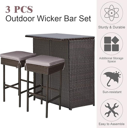 Tangkula Patio Bar Set, 3 Piece Outdoor Rattan Wicker Bar Set with 2 Cushions Stools & Glass Top Table, Gray & Off White Cover, Outdoor Furniture Set for Patio Backyard Porch Garden Poolside