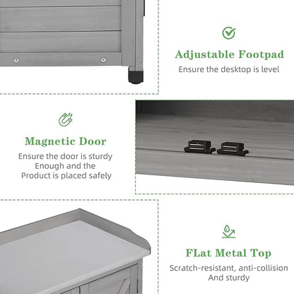 Outdoor Potting Bench with Storage Cabinet and Metal Top, Wood Workstation for Outdoor Patio, Garden (Classic Grey, 31.5x17x39‘’)