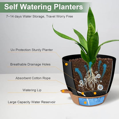 Planters for Indoor Plants 3 Pack, 10/9/8 Inch Self Watering Flower Pots with Drainage Hole, Plastic Large Plant Pots (Black)