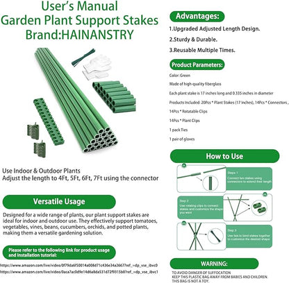 Garden Stakes 17Inch 20Pack, DIY Tall Plant Support Stakes of 4Ft,5Ft,6Ft,7Ft, HAINANSTRY Fiberglass Plant Stake for Indoor & Outdoor Plants, Tomato Vegetable Stakes for Garden