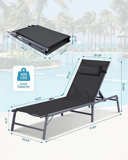 Foldable Chaise Lounge Chair with Cup Holder, Assemble-Free Outdoor Lounge Chair with Detachable Pillow and 6 Adjustable Backrest, Patio Lounge Chair for Outside Poolside Beach Pool, Black