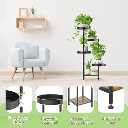 Plant Stand Indoor Outdoor, 5 Tier Metal Flower Pot Shelf Holder Clearance, Tall Corner Rack for Multiple Plants, Modern Organizer Display for Patio Orchid Office Porch Living Room Garden, Black