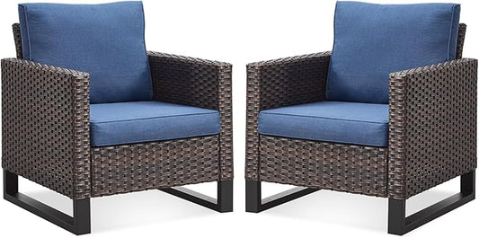 Belord Oversize Patio Chairs Set of 2 Outdoor Wicker Dining Chairs, All-Weather Rattan Patio Club Chair Furniture Sets with Water-Resistant Cushion Anti-Rust Frame Brown