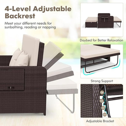 Nightcore Wicker Patio Outdoor Daybed, Outdoor Chaise Lounger w/ 4-Level Adjustable Backrest, Retractable Side Trays, Storage Ottoman, Comfortable & Removable Cushions, Rattan Loveseat (Beige)