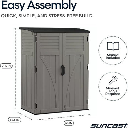 Suncast Outdoor Storage Cabinet Waterproof Resin Vertical Outdoor Storage Shed (54 cu. ft.) for Patio, Garden Tools, Cushions, & Equipment. Weatherproof Plastic Multi-Wall Design, Capacity Made in USA