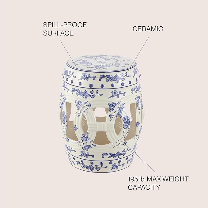 Decorative Garden Stool, Blue and White Ceramic, 16.5-Inch Tall