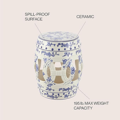 Decorative Garden Stool, Blue and White Ceramic, 16.5-Inch Tall