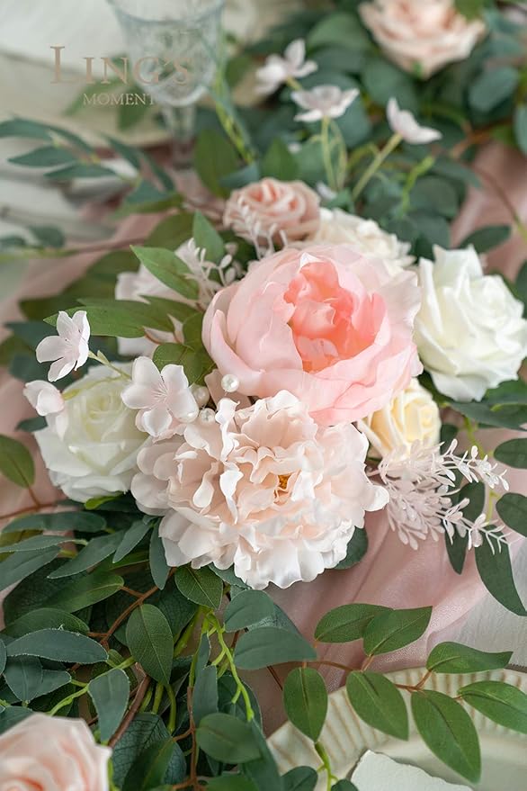Artificial Flower Garland, 6 Ft Blush and Cream Eucalyptus Rose Runner