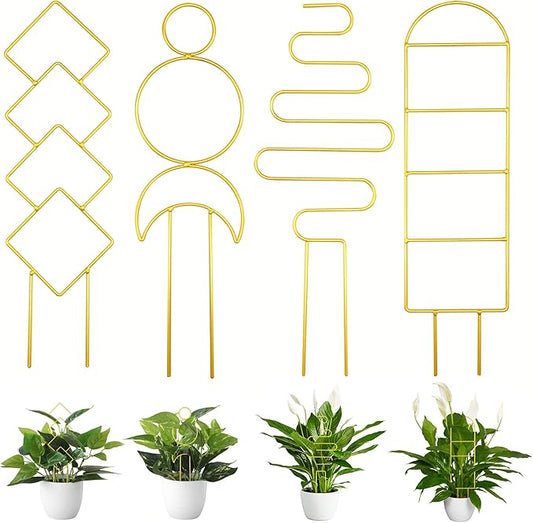 4 Pcs Mini Metal Trellis for Potted Plants, Climbing Support Stake for Houseplant Vines Pothos (Gold)