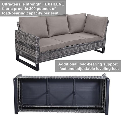 Patio Sectional Furniture Set with Fire Pit Table: 10 Pieces Wicker Patio Conversation Set with L Shaped Sofa, Outdoor Swivel Glider Rocker, Rattan Club Chairs, Ottomans, Removable Cushions Grey