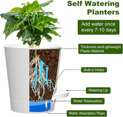 Self Watering Pots, 4 inch Flower Pots with Multi Mesh Drainage Holes, Small Platic Planters for Indoor Outdoor Garden Plants and Flowers (White, 4")