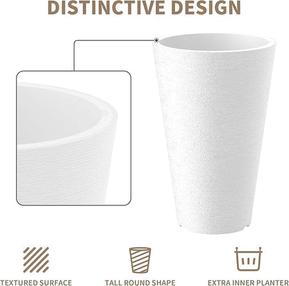 Kante Tall Round Planter Set of 2, 15 Inch Tall Decorative Planter Pots for Outdoor Indoor Garden Patio Front Porch (White)
