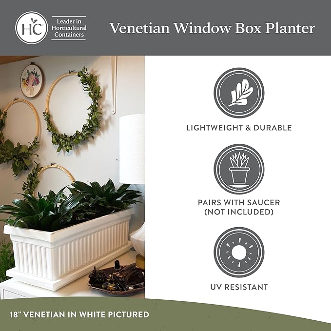 The HC Companies 18 Inch Venetian Window Planter Box with Drainage Plug, Lightweight UV-Resistant Plastic Indoor & Outdoor Planters, 2-Pack Flower Box for Garden & Home Decor, White
