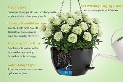 Hanging Planters, 3-Pack 10 Inch Self-Watering Pots with Drainage Holes and Chains, Matte Plastic Planters for Indoor/Outdoor Plant（Black）
