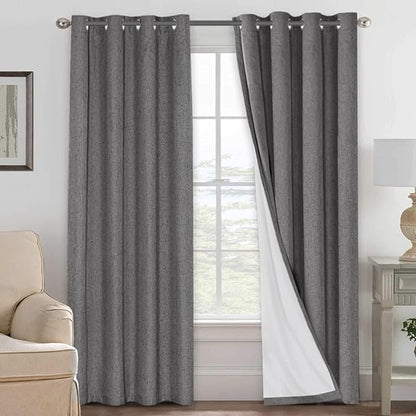 H.VERSAILTEX Linen Curtains 100% Blackout Curtains for Bedroom 102 inch Long Full Light Blocking Nature Linen Blended Window Curtains for Living Room Nickel Grommet (2 Panels, Grey)