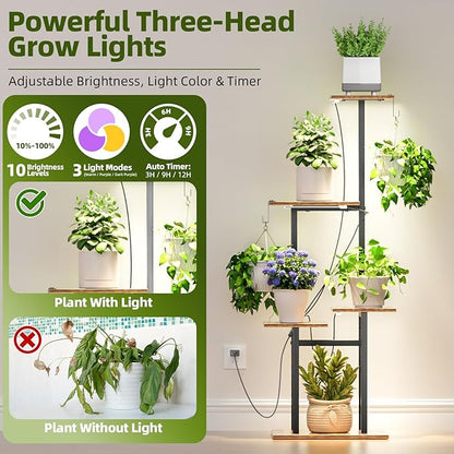 Plant Stand Indoor with Grow Lights, 46" Metal Corner Plant Shelf with 3 LED Lights, 2 Hanging Hooks, 5-Tiered Tall Plant Flower Holders for Living Room, Garden, Patio (Black Brown)