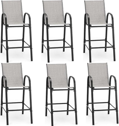 HOMREST Outdoor Bar Height Stools Set of 6,High Back Patio Chairs with Armrests,Textilene Chairs with Breathable Fabric & Metal Frame for All Weather,Light Grey