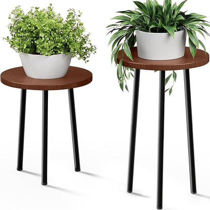 Plant Stand Indoor 2 Pack: Plant Table 14''&20'' Wooden & Metel Heavy Duty Stands for Flower Lovers - Mid Century Modern Design Stool for Bedroom/Living Room/Patio/Garden