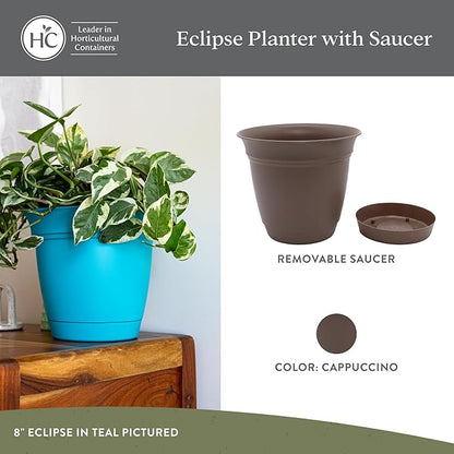 The HC Companies 6 Inch Eclipse Round Planter Pots with Drainage Holes & Attached Saucer, Lightweight UV-Resistant Plastic Indoor & Outdoor Planters, 4-Pack Flower Pots, Garden Home Decor, Cappuccino