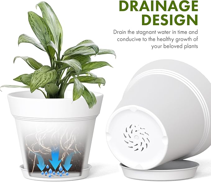 5 Inch Plastic Plant Pots with Drainage Holes and Trays – 6 Pack Small Nursery Pots for Indoor & Outdoor House Plants and Flowers, Seedling Starter Planters, White