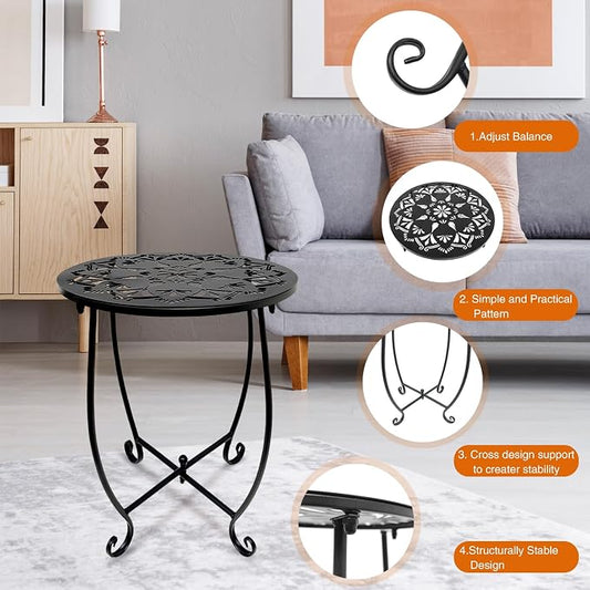 Side Table, 14-Inch Round Metal Outdoor Plant Stand, Black