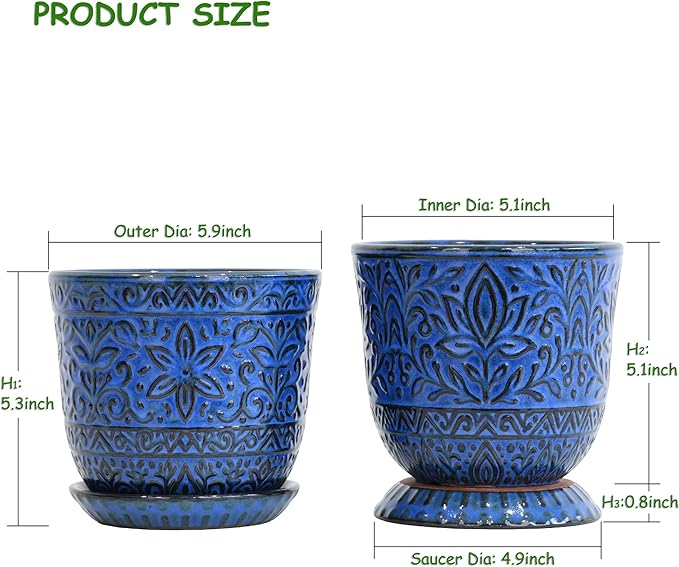 Gepege 6 Inch Ceramic Planter, Blue Plant Pot with Drainage Holes and Saucers for Indoor Plants, Birthday for Women Mom